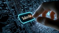 Finger touching glowing subscribe button on digital circuit board background, modern technology concept for online membership and digital services.