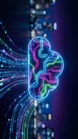 Neon glowing brain with circuit pathways and digital data streams on dark background, representing artificial intelligence, machine learning, neural networks, and futuristic technology innovation.