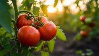 Fresh ripe red tomatoes growing on vine in organic garden with warm golden sunlight creating natural bokeh background for healthy eating concepts.