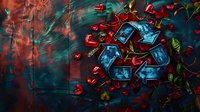 Recycling symbol with red heart-shaped leaves on dark textured background, environmental concept combining nature and sustainability in dramatic lighting.