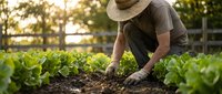 Farmer in straw hat tending to fresh lettuce crops in organic vegetable garden during golden hour sunset light for sustainable agriculture and farming.