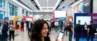 Young businesswoman using smartphone at modern trade show exhibition hall with colorful booths and attendees networking in background.