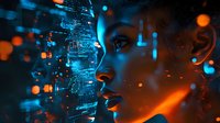African American woman in profile view surrounded by glowing blue digital data streams and orange light effects against dark background, futuristic cyberpunk style.