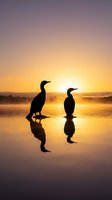 Two cormorants stand silhouetted on calm water at sunrise, their reflections mirrored below against golden and purple skies. Perfect for wildlife and nature projects.