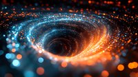 Cosmic spiral of glowing particles with orange and blue bokeh lights creating dynamic swirling motion effect against dark background. Abstract space concept.