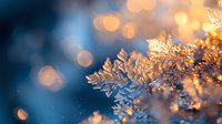 Delicate snowflake crystal macro with golden bokeh lights on blue background. Natural winter frost pattern showing intricate ice formation detail and seasonal magic.