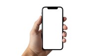 Hand holding modern smartphone with blank white screen isolated on white background for app presentation and mobile interface mockup design.