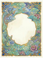 Ornate Asian-inspired decorative frame with swirling clouds, flying cranes, lotus flowers and traditional motifs in blue and gold tones with blank center space.