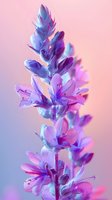 Delicate purple and blue wildflower blooms against soft pink gradient background, creating dreamy botanical macro photography for wellness and nature designs.