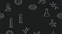Seamless pattern with white laboratory equipment and molecular structures on black background. Science chemistry research symbols for educational materials.