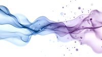 Flowing abstract smoke waves in blue and purple colors with floating particles create dynamic motion effect on white background. Suitable for modern design projects.