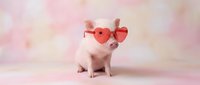 Adorable pink piglet wearing heart-shaped red sunglasses sitting on pastel background for Valentine's Day romance and love themed designs.