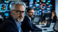 Senior Caucasian businessman with gray beard and glasses in modern data center control room with digital screens and monitoring displays in background.
