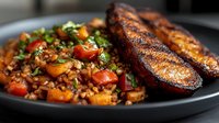 Grilled sausages with lentil vegetable stew featuring diced tomatoes, carrots and fresh herbs on dark plate. Hearty comfort food meal ready to serve.