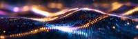 Abstract digital wave of glowing particles forming dynamic landscape with blue and orange light effects against dark background, futuristic technology concept.
