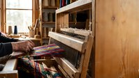 Skilled artisan weaving colorful textile on traditional wooden loom in workshop, showcasing handcraft techniques and cultural heritage preservation.