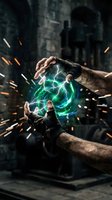 Male hands holding glowing green and blue electric energy orb with sparks in dark urban setting. Concept for power, magic, technology, and supernatural abilities in fantasy or sci-fi designs.