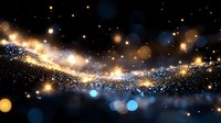 Abstract glowing particles and bokeh lights creating magical wave pattern against dark background, cosmic atmosphere with sparkling golden and blue elements.