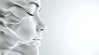 Ethereal white female profile with flowing abstract forms creating a dreamy, surreal portrait against light background. Artistic contemporary design element.