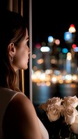 Young Asian woman gazing thoughtfully through window at night city lights, holding white roses, creating romantic atmosphere with soft bokeh background.