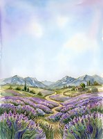 Lavender field landscape with rolling hills, mountains, and farmhouse in distance, watercolor painting style with purple flowers, rural countryside scenery for wall art and home decor.