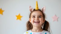 Cheerful young girl wearing unicorn headband with golden horn laughs joyfully against wall decorated with colorful paper stars, expressing pure childhood happiness.