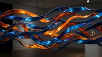 Abstract flowing ribbons in orange and blue colors creating dynamic wave patterns with metallic reflective surfaces for modern digital art and technology concepts.