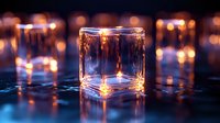 Glowing glass cube with golden light reflections on dark surface against blurred bokeh background creates magical atmosphere for creative designs.