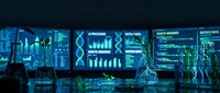 Modern laboratory with glassware and digital screens displaying data analytics for food science research and innovation in blue lighting atmosphere.