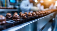 Chocolate pralines with nuts on conveyor belt in confectionery production line. Dark chocolate candies in modern factory setting with selective focus and warm lighting.