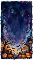 Halloween night scene with spooky pumpkins, haunted castle, bare trees and starry purple sky creating atmospheric autumn holiday background for seasonal designs.