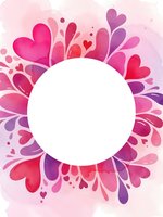 Pink and purple hearts with decorative floral elements surrounding white circular frame for romantic designs and Valentine's Day projects.
