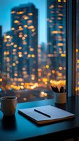 Cozy workspace with notebook and coffee cup by window overlooking blurred city lights at dusk, creating atmospheric urban ambience.