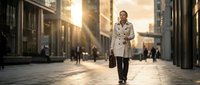 Professional African American businesswoman walking confidently through modern urban plaza during golden hour sunset with city buildings in background.