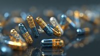Transparent medical capsules with gold and blue liquid contents on reflective surface with bokeh background. Pharmaceutical concept.