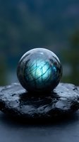 Mystical labradorite crystal sphere with blue iridescent flash resting on dark stone surface with blurred natural background for meditation and healing.