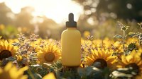 Yellow cosmetic bottle with dropper in sunflower field at golden sunset. Natural organic skincare product photography with soft bokeh background and warm sunlight.