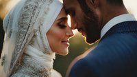 Happy Muslim bride and groom in intimate moment during golden hour wedding ceremony with traditional white hijab and navy suit creating romantic atmosphere.