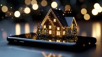 Magical glowing house emerging from smartphone screen with festive Christmas lights and bokeh effect, creating enchanting holiday atmosphere and digital wonderland effect.