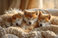 Adorable sleeping Shiba Inu puppies cuddled together on soft beige blanket, bathed in warm sunlight. Perfect for pet care websites, veterinary clinics, or social media content about dog breeding.