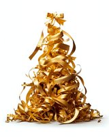 Festive Christmas tree made of luxurious gold ribbons and decorative elements on white background, creating elegant holiday decor.