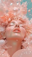 Serene feminine face surrounded by dreamy coral-colored water splashes and bubbles against turquoise background, expressing peace and relaxation in spa atmosphere.