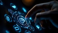 Futuristic digital interface with glowing blue icons and human hand touching virtual screen, illustrating modern technology interaction and smart interface concept.