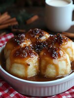 Warm sticky buns drizzled with caramel sauce and chopped pecans served in white ramekin on red checkered cloth, with coffee cup and cinnamon sticks in background.