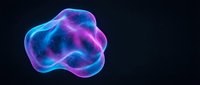 Glowing neon abstract blob with vibrant blue and magenta energy waves on dark background, suitable for modern design, tech backgrounds, and digital art projects.