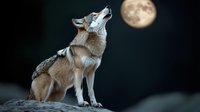 Gray wolf howling at full moon in dark night sky, dramatic wildlife scene with majestic predator on rocky cliff showing natural animal behavior.
