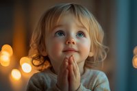 Young Caucasian girl with blonde curly hair and blue eyes clasping hands in prayer position, looking up with hopeful expression against soft bokeh lights background.