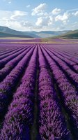 Vibrant purple lavender field stretches toward distant mountains under summer sky with white clouds, creating parallel lines of blooming flowers in agricultural landscape.