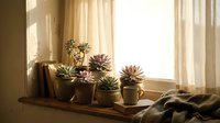 Succulent plants in terracotta pots arranged on wooden windowsill with warm sunlight streaming through sheer curtains creating cozy home decor atmosphere.