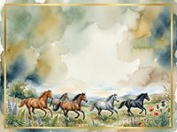 Watercolor illustration of four horses in various brown and black tones trotting through a meadow with wildflowers, set against a soft cloudy sky with muted earth tones. Suitable for equestrian designs and nature artwork.